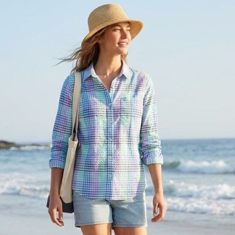 LL Bean Seersucker Button Down Women L Petite Multi Color Gingham Plaid 510841